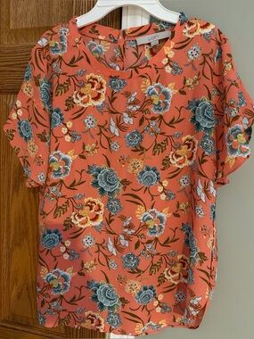 LOFT SHORT SLEEVE CORAL ORANGE FLORAL TOP BLOUSE SIZE XS